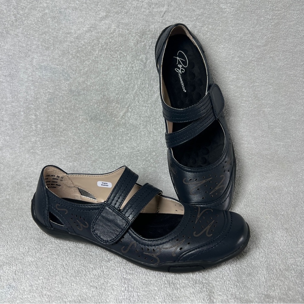 Ros Hommerson Chelsea Mary Jane Flats Women's Size 8 Navy Blue/Black Leather